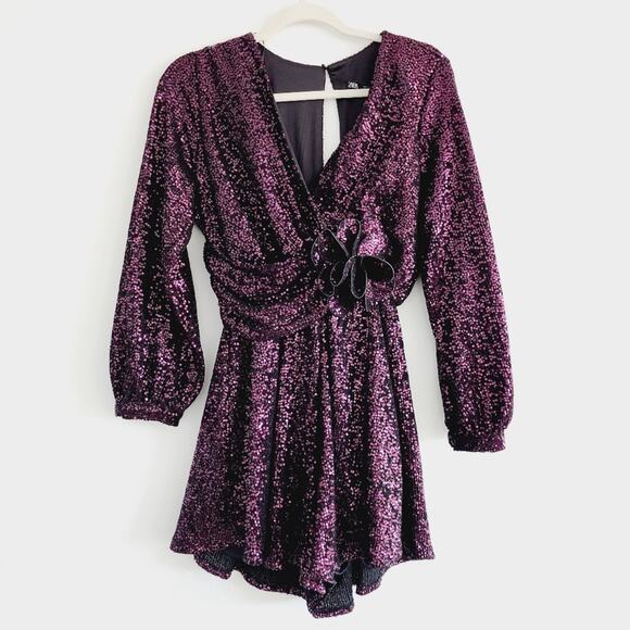 Zara Purple Sequin Romper Shorts Long Sleeve V-Neck Floral Detail Medium - Picture 2 of 10